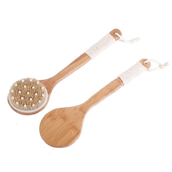 Boar bristle bath brush with massage nodes and long handle for body and back exfoliation.