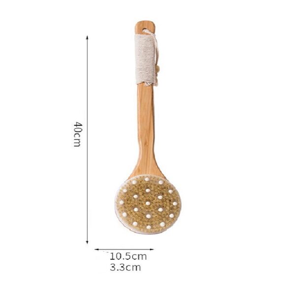 Wooden handle bath brush with boar bristles for dry skin care and relaxation.