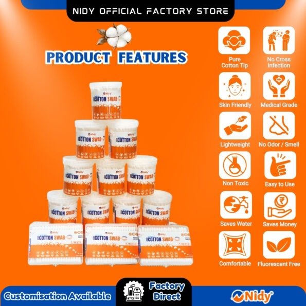NIDY Pure Indian Cotton Buds with soft rounded tips in round jar pack